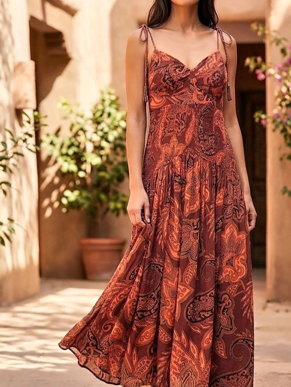 Farm Rio for Anthropologie Paisley Maxi Dress in Brown & Orange Size Large NWT